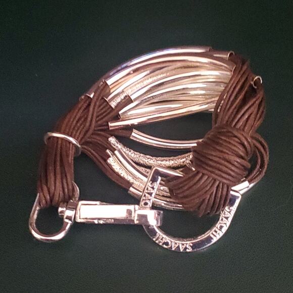 Saachi Multi-strand Statement Bracelet Dark Brown Cords with Silver Tone Bars - Picture 8 of 10